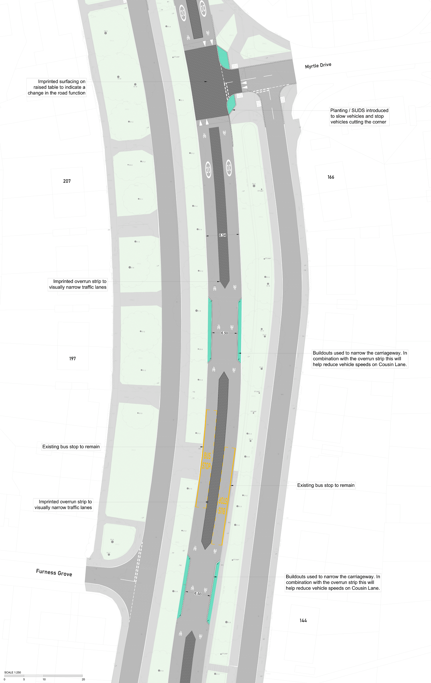 Plan features a section of Cousin Lane with junctions with Myrtle Drive and Furness Grove. Planting features on corners to narrow junctions and features are used to make the carriageway visibly narrower to reduce vehicle speeds. 